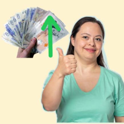 Woman in green giving thumbs up. A hand holding a fan of cash money with a green up arrow sits to the side.