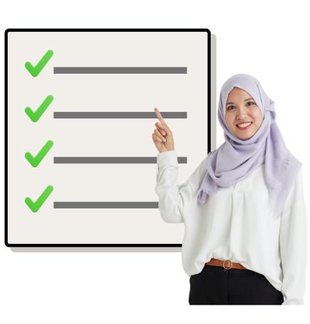 A woman in a purple hijab pointing to a list with green ticks on it.