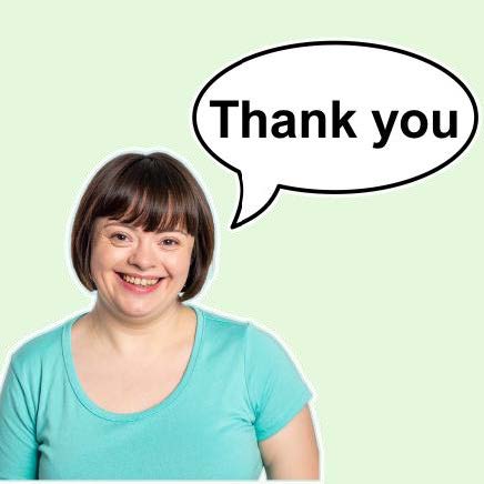 A smiling woman saying thank you in a speech bubble above her head.