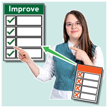 A smiling woman pointing to a document with a checklist saying improve. There are green ticks on it. A red checklist with red crosses and an arrow to the green list sits below.