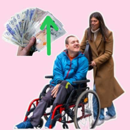 Woman pushing man in wheelchair. Above them is a hand holding a fan of cash money with a green arrow pointing up