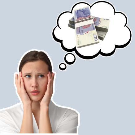 A woman with an image of money in notes in a thought bubble above her head. She looks anxious.
