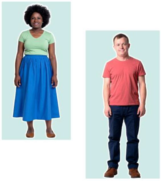 A black woman in a green top and blue skirt and a white man with a red shirt and black trousers.