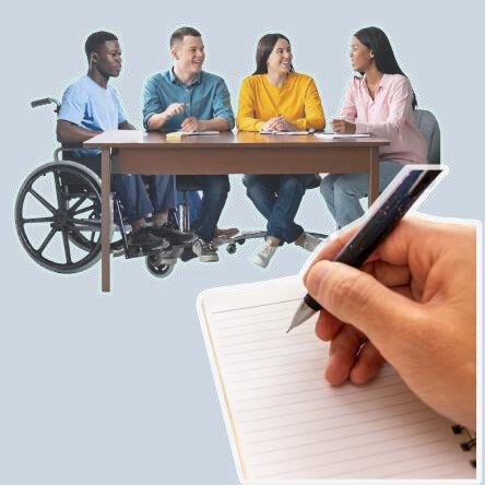 A person taking minutes notes at a meeting. 4 people sit at a table.