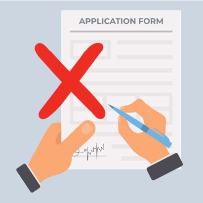 Application Form with cartoon hands and a red x cross through it.