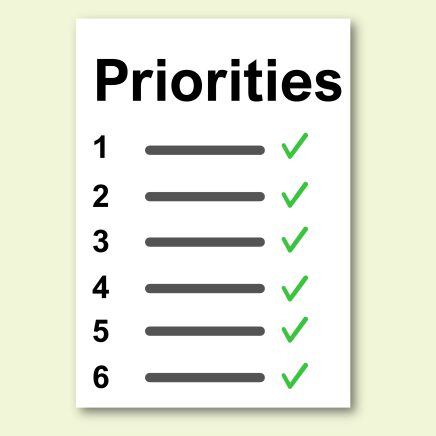 Cartoon list showing 6 items with green ticks beside them. The list is headed Priorities.