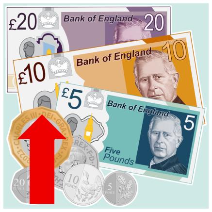 Cash Money of coins and notes with a red up arrow over the top.