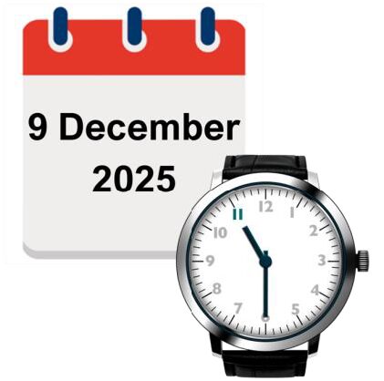 Calendar Icon with 9 December 2025 written on it. Underneath a Watch face showing 11.30 or half past 11.