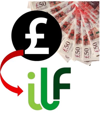 Fan of fifty pound notes in cash money with a pound sign over the top. A red arrow then points to the ILF logo at the front in green.