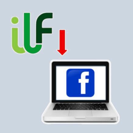 ILF logo pointing to Facebook on a laptop with a red down arrow.