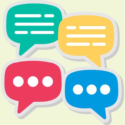 Speech Bubbles in 4 colours - two with lines and two with dots. Showing conversation and questions.