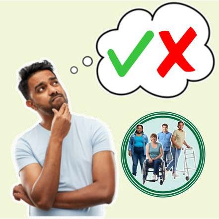 A thinking man next to a circle with disabled people in it. He is thinking of a green tick and a red cross.