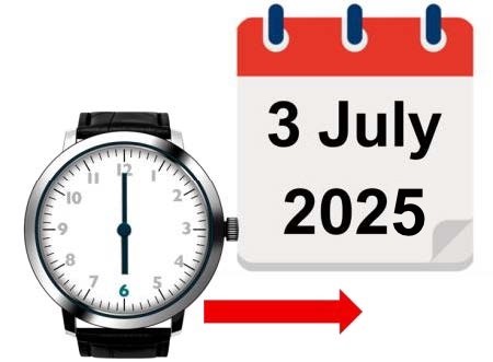A watch showing 6 pm alongside a calendar icon saying 3 July 2025.