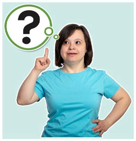 Woman in a teal blue t-shirt. She has her finger pointing to a speech bubble above her head which has a question mark in it.