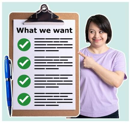Woman in purple pointing to what we want list with green ticks.
